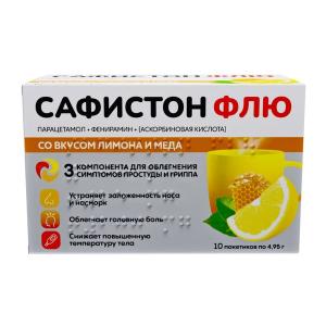 Сафистон Флю порошок для приготовления раствора для приема внутрь со вкусом лимона и меда 500мг+25мг+200мг пакеты 4,95г №10