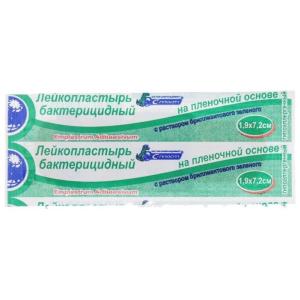  лейкопластырь бактерицидный на пленочной основе с раствором бриллиантового зеленого 1,9х7,2 см №1